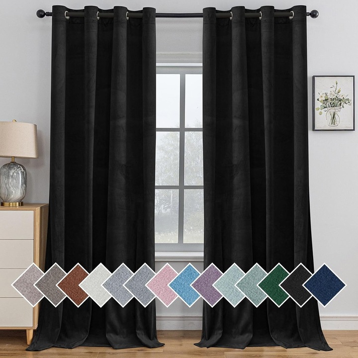 Set 2 perdele Ystyle, 140 x 280 cm, opace, catifelate, prindere cu inele, culoare negru