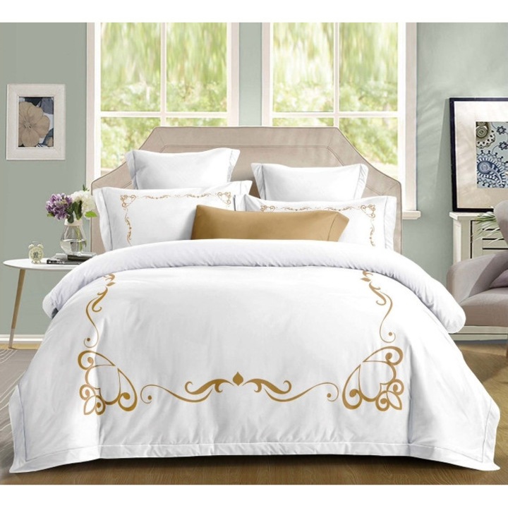 Lenjerie de pat dublu, Primavara, Cearsaf cu Elastic, Bumbac Elegant Imprimat, 4 piese, 2 persoane, Uni, 180x200cm, Cafea cu Lapte-Alb