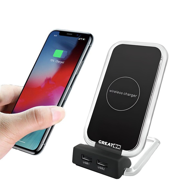 GREATON vezeték nélküli töltő asztali állvánnyal, 3 tekerccsel és 2 USB porttal, fekete színű