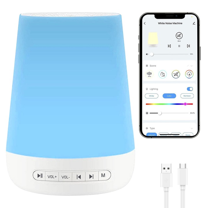 Lampa de veghe pentru copii, qipuneky, cu sunete albe, control Wi-Fi, alb