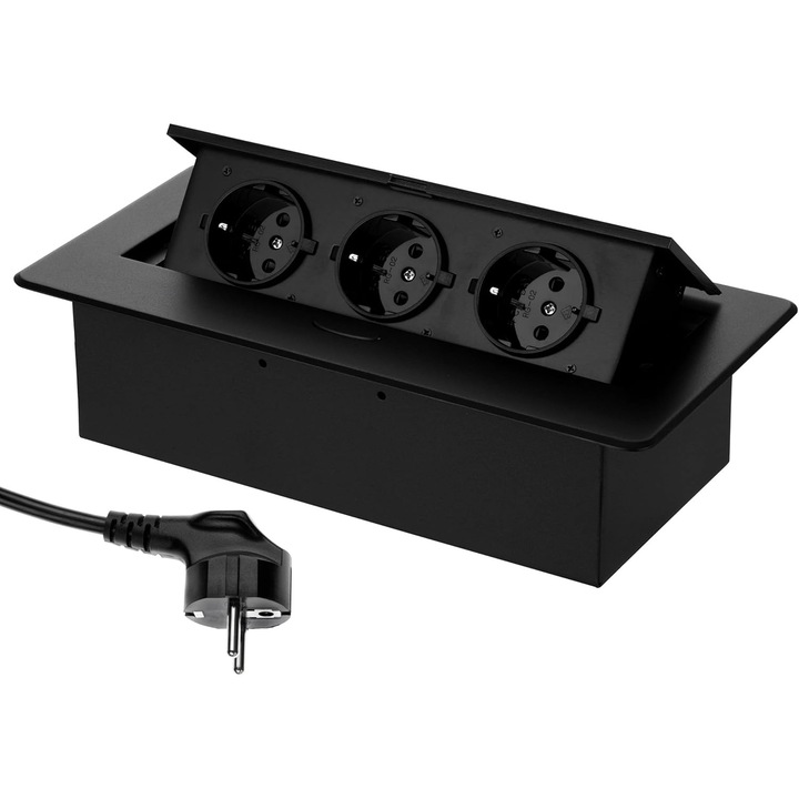Set 3 prize incastrate, cablu 1.8 m, deschidere moale, negru, dimensiuni 265x132mm, adancime instalare 65mm
