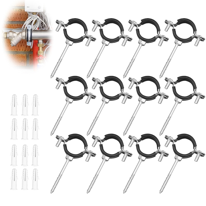 Set 12 Cleme pentru Fixare Tevi, qipuneky, metal/cauciuc, pentru tevi de 50mm, 24 accesorii incluse