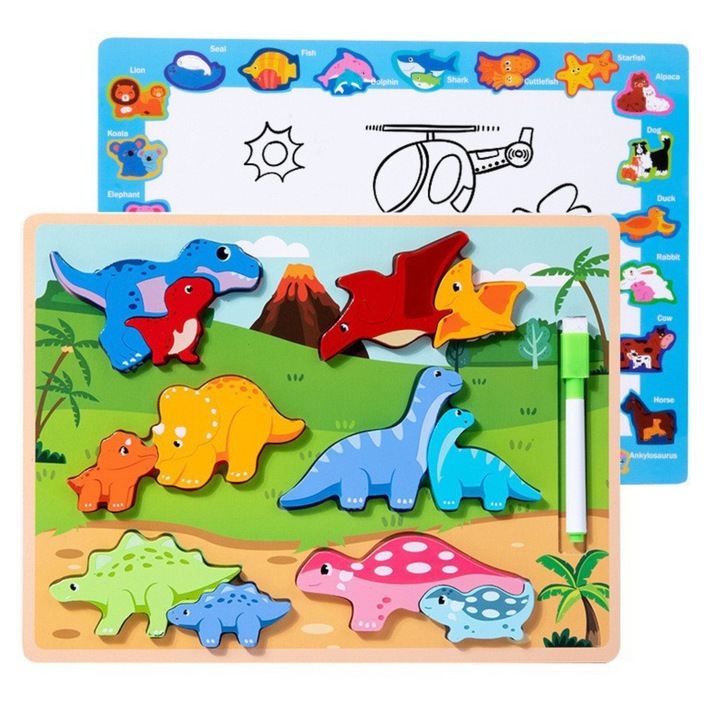Puzzle educativ lemn LEAN TOYS, dinozauri