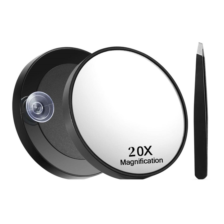 Set oglinda cosmetica/penseta TREXORA, 40x marire, design ergonomic, negru, compact