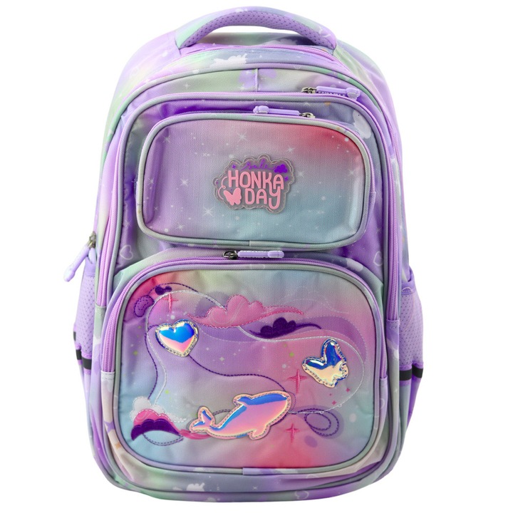 Pasztell LEAN iskolatáska, 20L, 41x30x16cm, 6 zsebbel, delfin és szív mintával