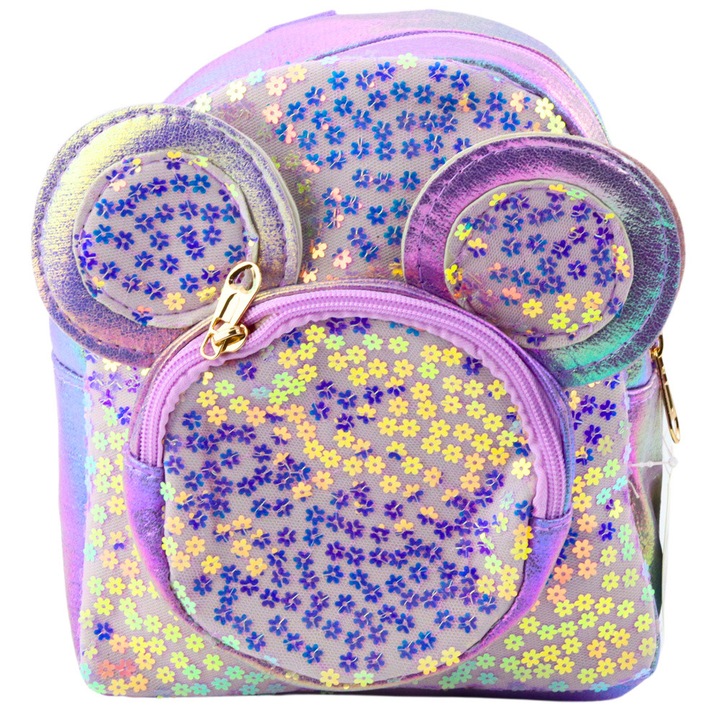 Ghiozdan copii LEAN cu urechi de soricel si margele, mov, 22x20x7cm, set