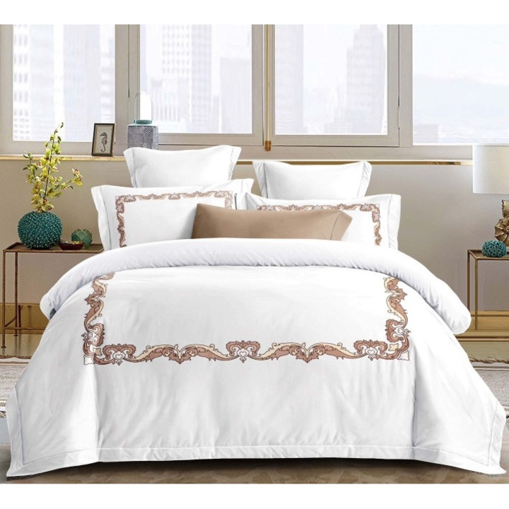 Lenjerie de pat dublu, Primavara, Cearsaf cu Elastic, Bumbac Elegant Imprimat, 4 piese, 2 persoane, Uni, 180x200cm, Alb-Cafea cu Lapte