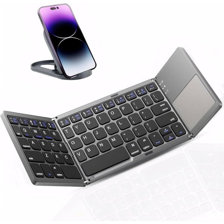 Tastatura pliabila cu touchpad, Bluetooth, dimensiune standard, gri