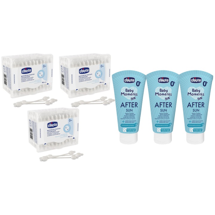 6 db Chicco Baby fültisztító pálcika védelemmel 0 hónapos kortól (90 db), strandolás utáni védőkrém 150 ml