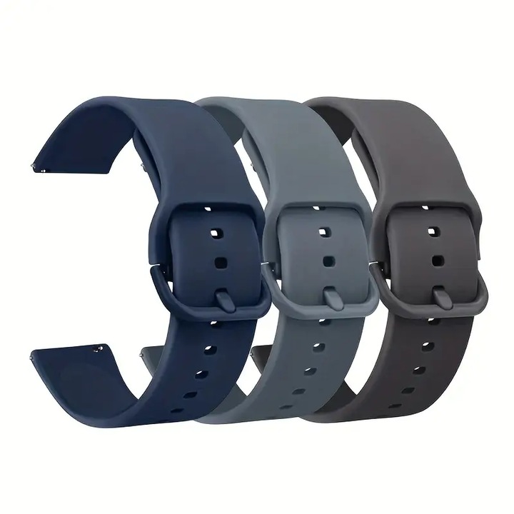 Комплект от 3бр. каишки за Huawei Watch GT 2 46мм / GT 3 46мм / GT 4 46мм / Huawei Watch GT 2 Pro / Amazfit GTR / GTR 2, Samsung Galaxy Watch 3 45мм / 46мм / Gear S3 / 22мм, Силикон, Тъмносиньо/Сиво/Тъмносиво