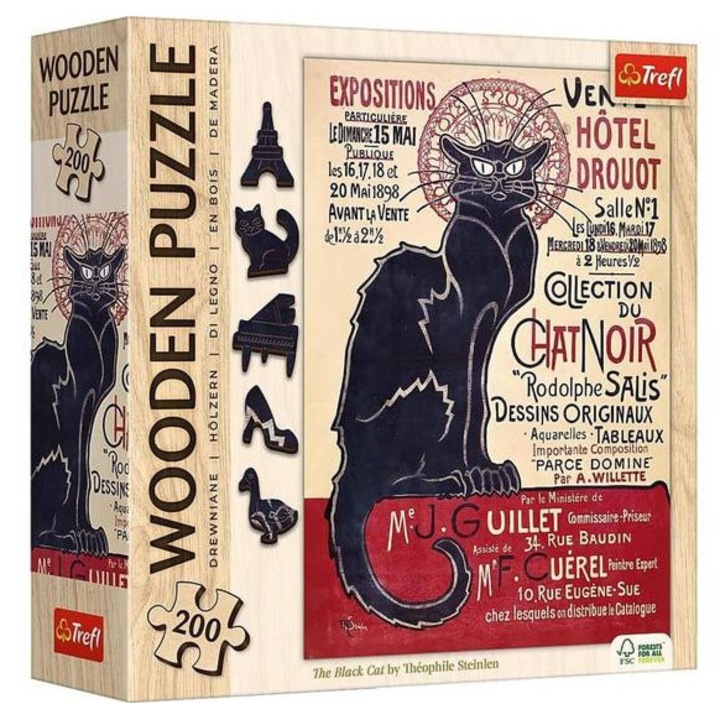Trefl 200 db-os Wooden Contour Fa Puzzle - Théophile Steinlen - A fekete macska (20254)