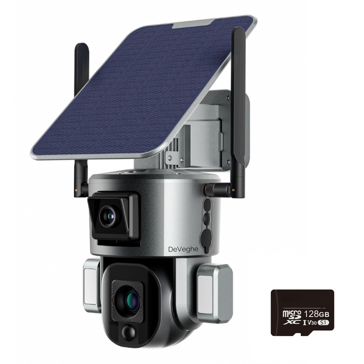 Camera de supraveghere dubla WiFi DeVeghe DS20 Ultra, 8MP, 4K, cu panou solar 9W, baterie 20000mAh, zoom optic 10x, exterior, rotativa, lumini, alarma, detectie miscare, detectie persoane, notificari, microfon, difuzor, Gri + Card de memorie 128GB