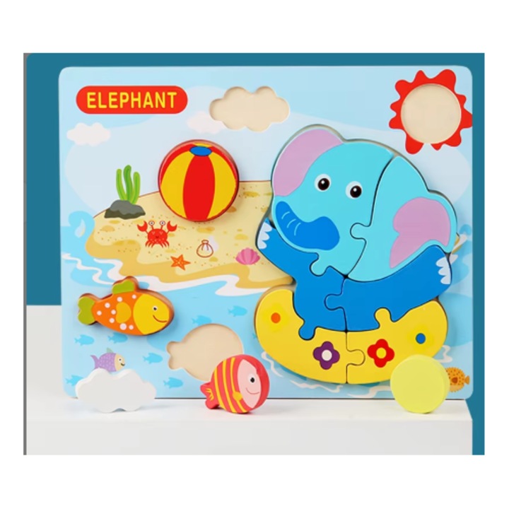 Montessori 3D fa kirakó – Többszínű elefánt, EduWood, 2-6 éves, Oktatójáték gyerekeknek, Természetes Anyag