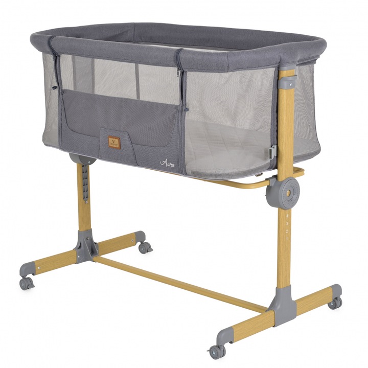Patut Co-Sleeper Cangaroo Aura Grey 88x56 cm cu laterala culisanta, saltea cu baza ferma si husa detasabila, functie anti reflux, 7 nivele de reglare a inaltimii, 4 roti cu frana, recomandat de la nastere pana la 9 kg