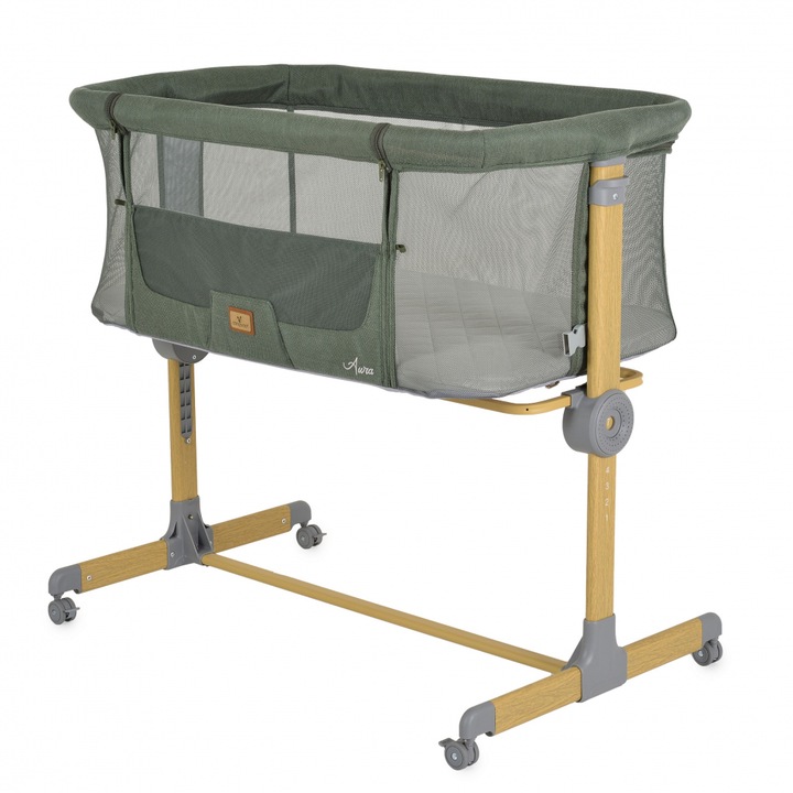 Patut Co-Sleeper Cangaroo Aura Green 88x56 cm cu laterala culisanta, saltea cu baza ferma si husa detasabila, functie anti reflux, 7 nivele de reglare a inaltimii, 4 roti cu frana, recomandat de la nastere pana la 9 kg