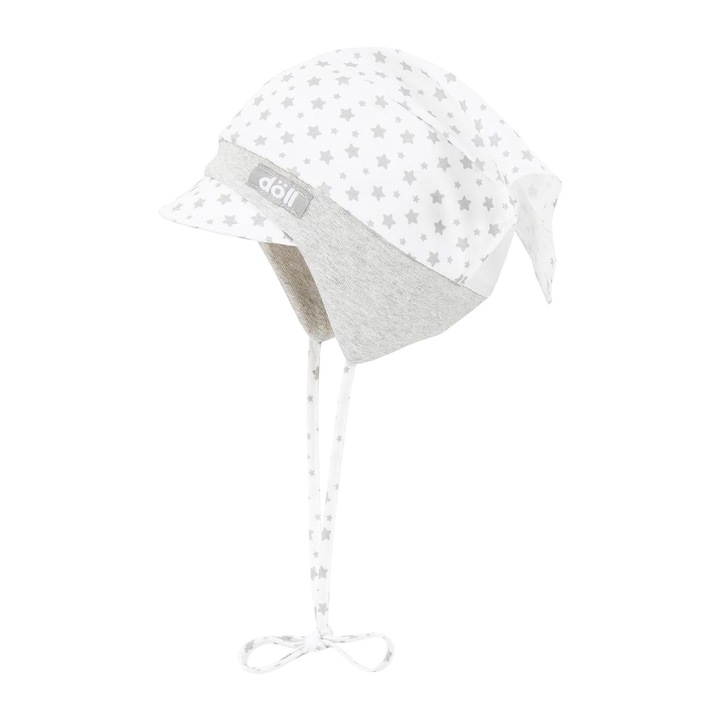 Gyerek sapka napellenzővel, Baba, szürke csillagokkal, pamut, áll alatt megkötve