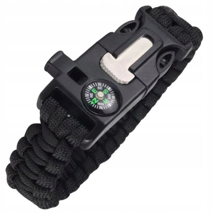 Bratara De Supravietuire, Me Premium, Busola, Fluier, Cutit, Cordon Paracord Rezistent, Negru