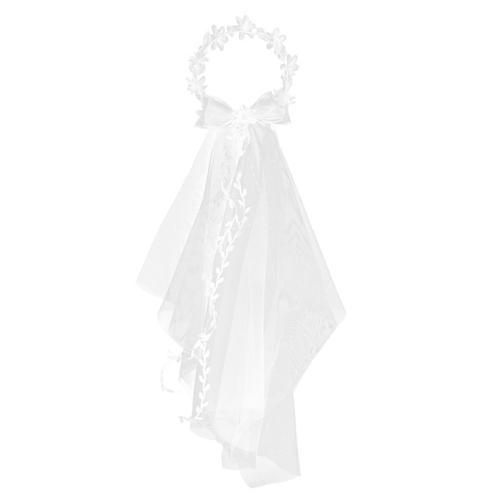 Булчински воал, TREXORA, стил флорална корона, бял тюл, с панделка и перлена верижка