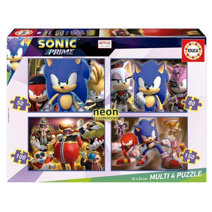 Прогресивен пъзел, Educa, Sonic Prime 4 в 1 Neon, 50/80/100/150 части