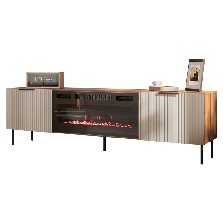 Comoda TV Seretio 180 SR06 cu semineu, MIRJAN 24, nuc warmia / casmir, 42x181x53 cm