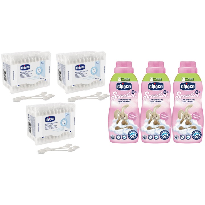 Chicco babaápolási készlet, 3 x vattapamacs védelemmel 0 hónapos kortól 90 db, 3 x finom virágos öblítő érzékeny bőrre 0 hónapos kortól 30 mosás 750 ml
