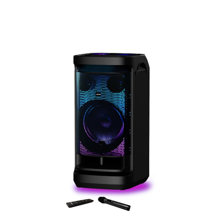 Преносим Bluetooth високоговорител AKAI DJ-BY6L, 150W RMS, Disco Ball Light, Bluetooth, 2 x безжичен микрофон, дистанционно управление, FM радио, Батерия 9000 mAh, черен