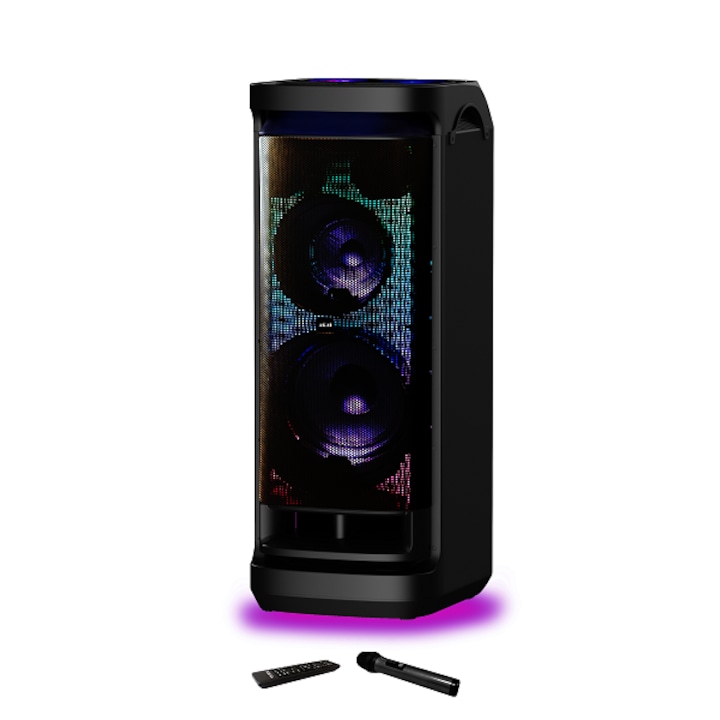 Преносим Bluetooth високоговорител AKAI DJ-Y9L, 600W RMS, Disco Ball Light, Bluetooth, 2 x безжичен микрофон, дистанционно управление, FM радио, черен