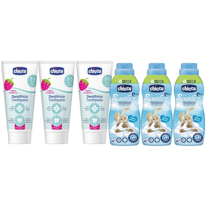 Chicco babaápolási szett, 3 x Epres fogkrém 1-5 éves korig 50 ml, 3 x Édes talkum mosószer érzékeny bőrre 0 hónapos kortól 750 ml