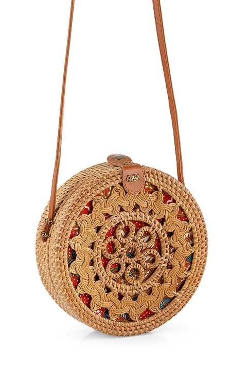 Дамска сламена плажна чанта, Polo Air, ръчна изработка, кръгла, 21х7 см, Бежово