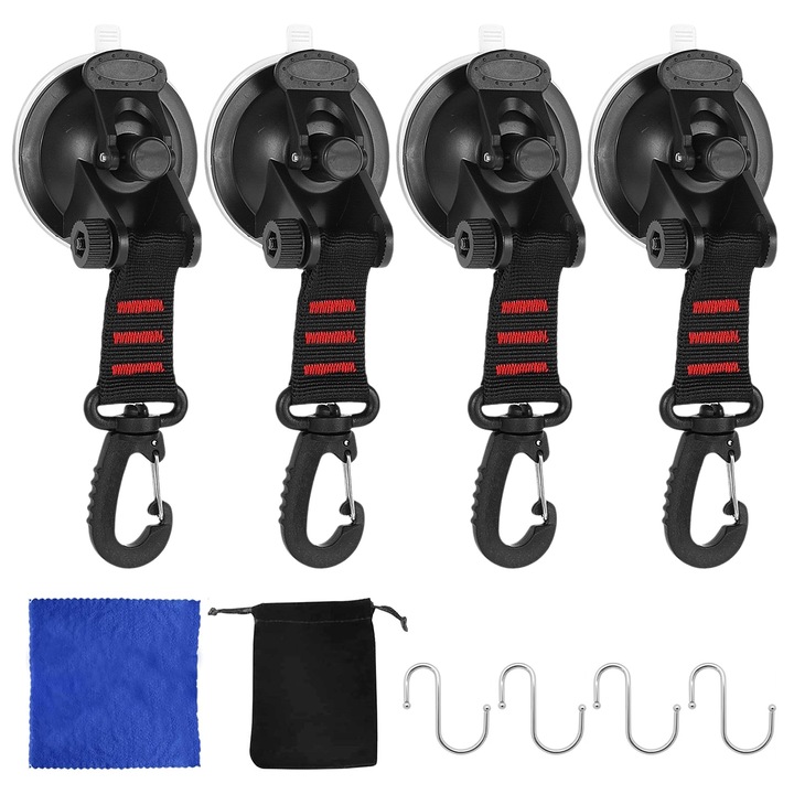 Комплект от 4 куки за къмпинг с вендузи, qipuneky, пластмаса/поливинилхлорид, черни, товароносимост 10 кг, въртящи се, аксесоари включени