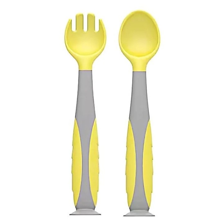 Gyerek evőeszközkészlet, U-Grow, kanál és villa, sárga, ergonomikus, BPA-mentes
