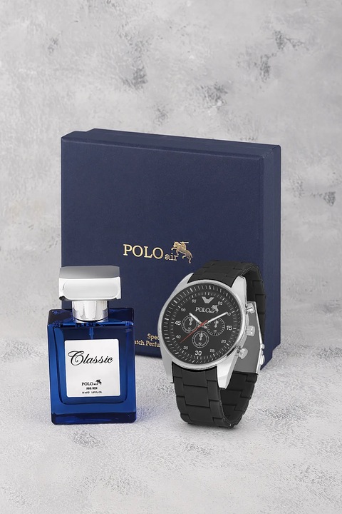 Férfi szett, Polo Air, Óra, 55 ml Parfüm, Fekete