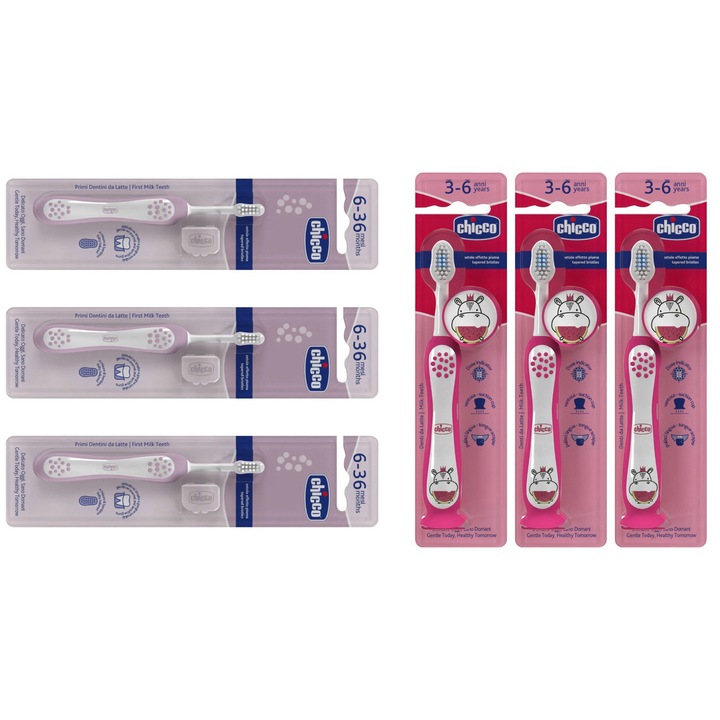 6 db-os Chicco baba fogkefe készlet, 3 db lila 6-36 hónapos kortól, 3 db Hippo Pink 3-6 éves korig