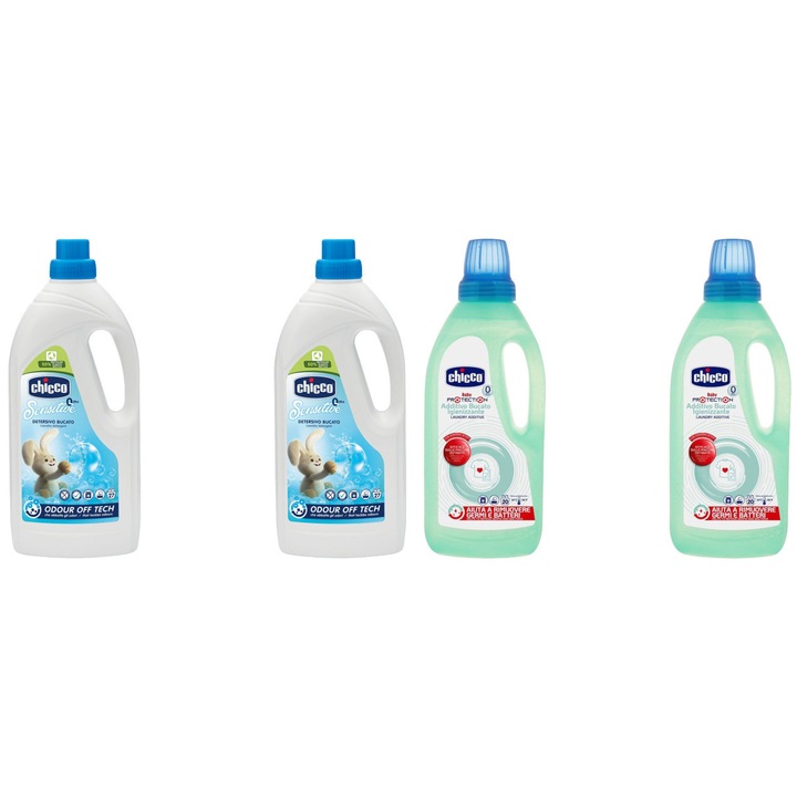 Chicco babaápolási készlet, 2 x Hipoallergén mosószer 1,5 l, 2 x Fertőtlenítő adalék 2 l