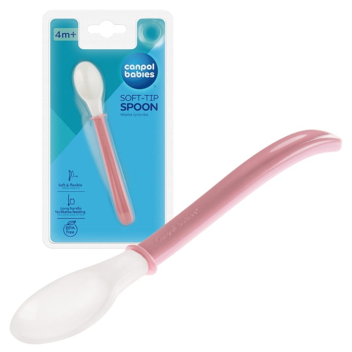Etetőkanál, Canpol Babies, puha, rugalmas hegyű, ergonomikus forma, tartós és biztonságos anyagokból készült, BPA-mentes, mosogatógépben mosható, 10,5 cm x 2,5 cm x 0,5 cm, rózsaszín