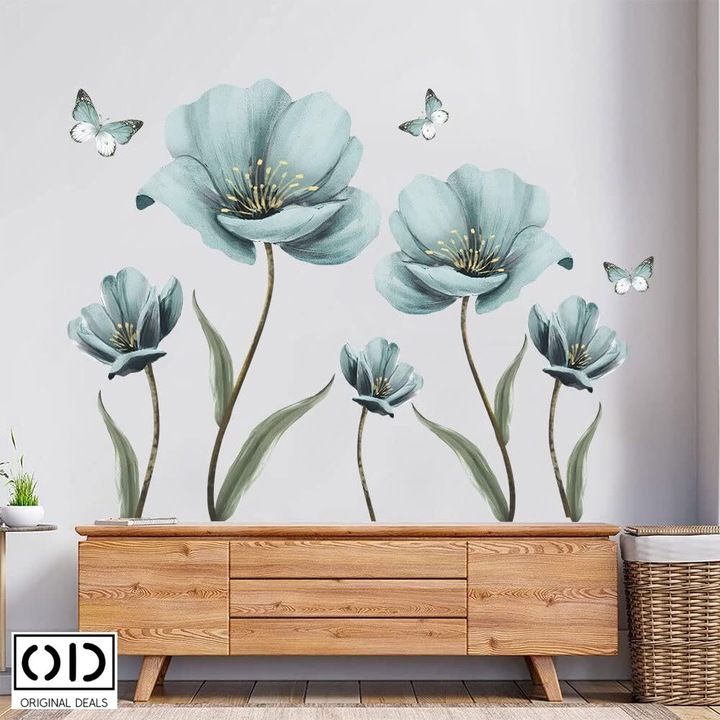 Sticker Decorativ pentru Perete, Mobila, sau Geam, Model Flori de Maci si Fluturi, Autocolant din Vinil PVC, Dimensiune 85 x 66 cm, ORIGINAL DEALS