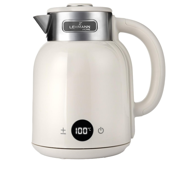 Fierbator electric Lehmann Torino, 1.5 l, 2200W, controlul temperaturii, panou tactil, mentinere a temperaturii, mod de curatare, 210x235x165 mm, 1,1 kg, alb