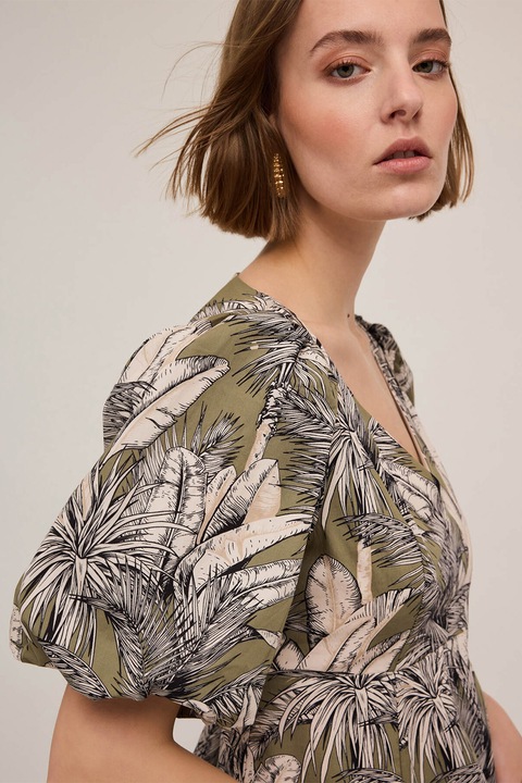 MOTIVI, Bluza crop cu decolteu in V, Verde masliniu/Crem