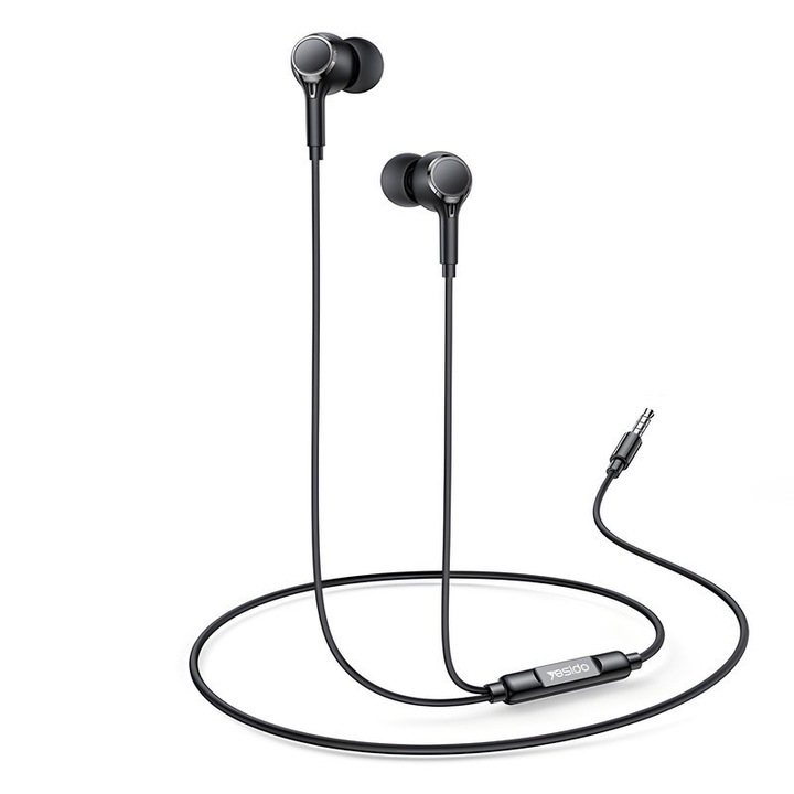 Vezetékes fejhallgató, Yesido, fülbe helyezhető, beépített mikrofonnal, fekete, kiegészítő szilikonbetétekkel