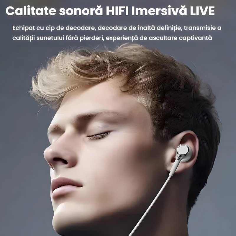 Casti cu fir, In ear, microfon integrat, set cu capace de silicon suplimentare, negru