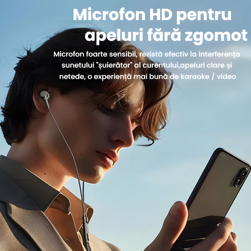 Casti cu fir, In ear, microfon integrat, set cu capace de silicon suplimentare, negru