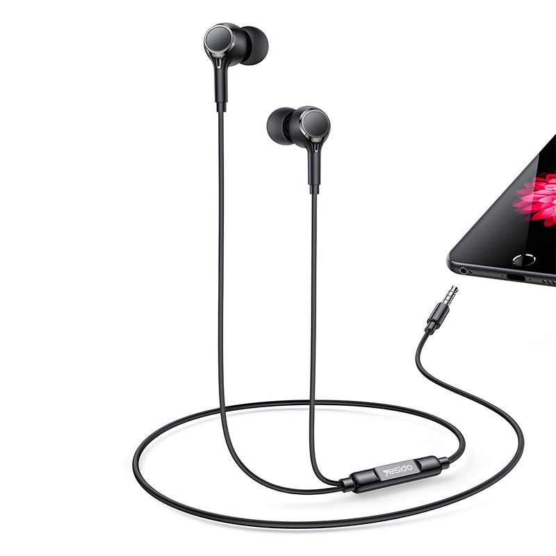 Casti cu fir, In ear, microfon integrat, set cu capace de silicon suplimentare, negru