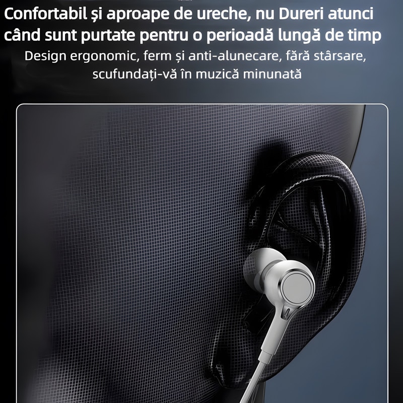 Casti cu fir, In ear, microfon integrat, set cu capace de silicon suplimentare, negru