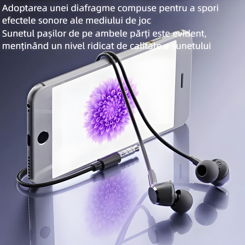 Casti cu fir, In ear, microfon integrat, set cu capace de silicon suplimentare, negru