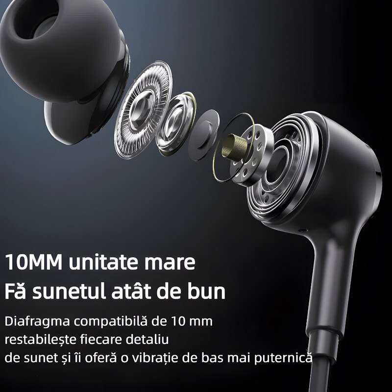 Casti cu fir, In ear, microfon integrat, set cu capace de silicon suplimentare, negru