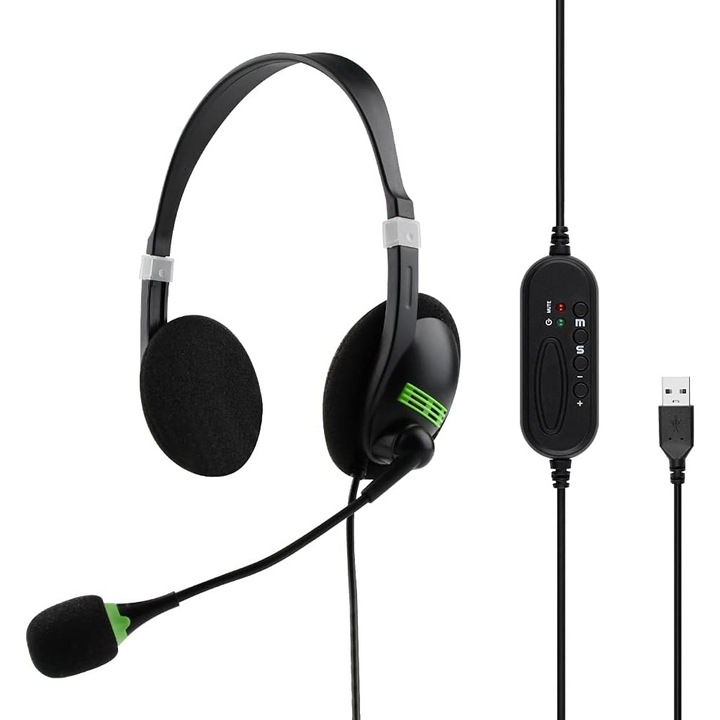 PC слушалки с USB микрофон, шумопотискане, контрол на звука, черни, регулируеми