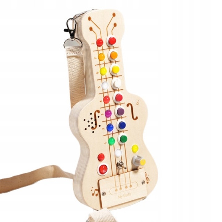 Chitara, Montessori, Senzorial, 25, 7x6, 5x11, 7cm, 3xAAA, Lumina LED, Alb, Contine butoane, Lemn, Educativ, Dezvolta abilitatile motorii, Interactiv, Sigur