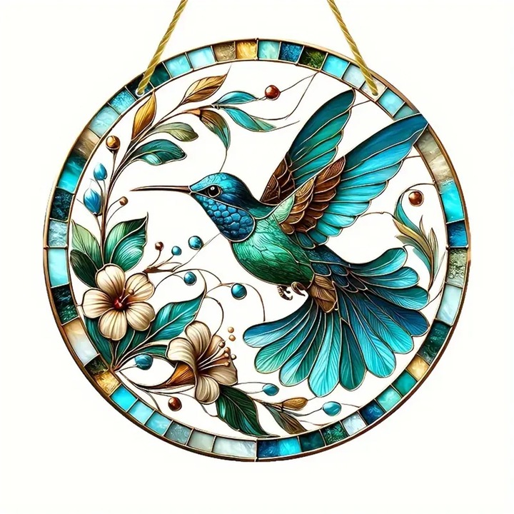 Kolibri madárral festett függő, védelemre és szerencsére, Bohém stílus, Kerek akril akasztó, Alkalmas hálószobába, nappaliba, kertbe, teraszra, 20 cm, Vízálló, Rozsdamentes