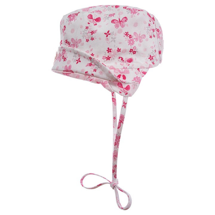 Rózsaszín kislány sapka virágokkal és pillangókkal, baba, pamut, állítható