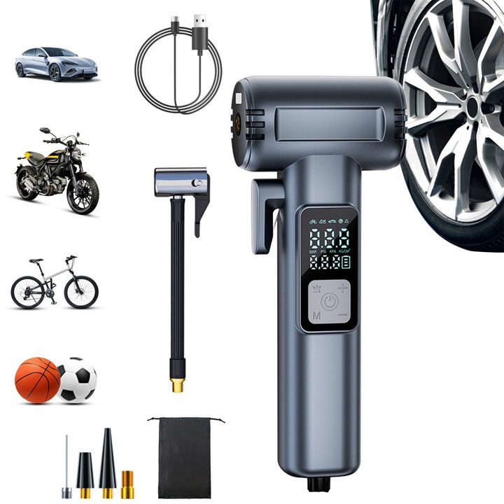 Compresor auto portabil pentru umflare anvelope, Car Compressors, Fudisenn, 4 capuri de umflare, 20L/min, cu taietura ascunsa, iluminare LED, incarcare telefon, monitorizare presiune pneuri, presets cu o singura apasare, negru